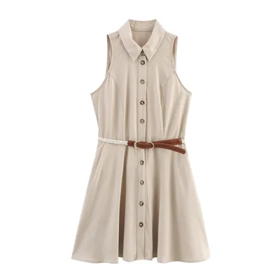 Women's Lapel Single Breasted Sleeveless Dress With Belt Picture Color L - Shop at LoveMi