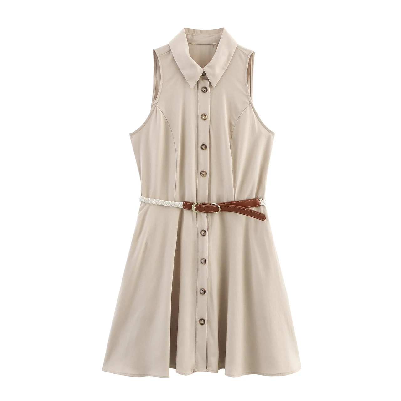 Women's Lapel Single Breasted Sleeveless Dress With Belt - View 1