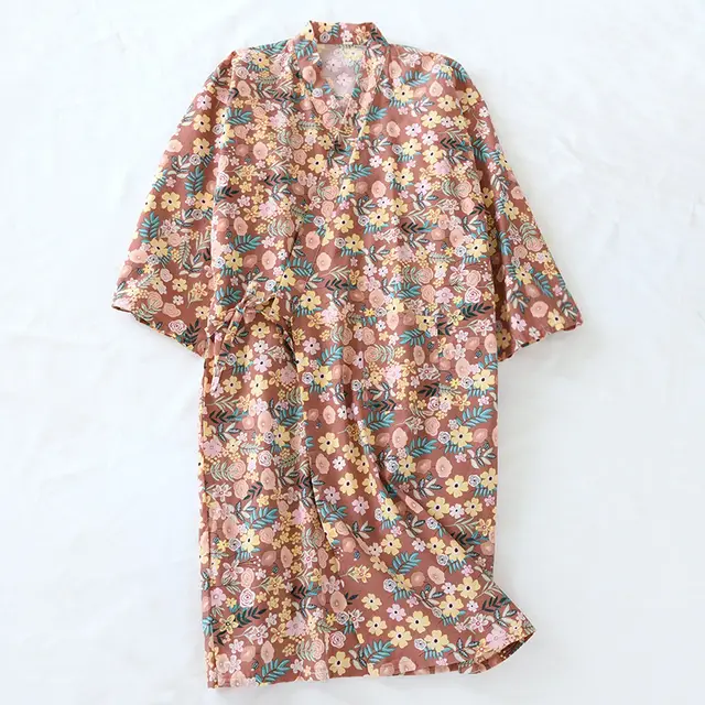 Japanese Sweet Purified Cotton Kimono Nightgown Purplish Red Small Flower - Shop at LoveMi