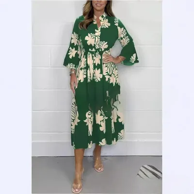 Elegant Printed Stand up Collar Cinched Long Sleeve Dress Army Green - Shop at LoveMi