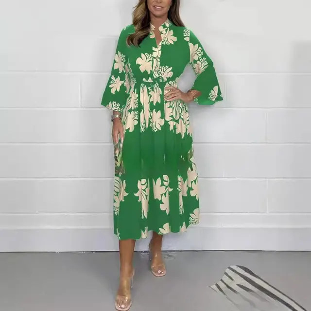 Elegant Printed Stand up Collar Cinched Long Sleeve Dress Green - Shop at LoveMi