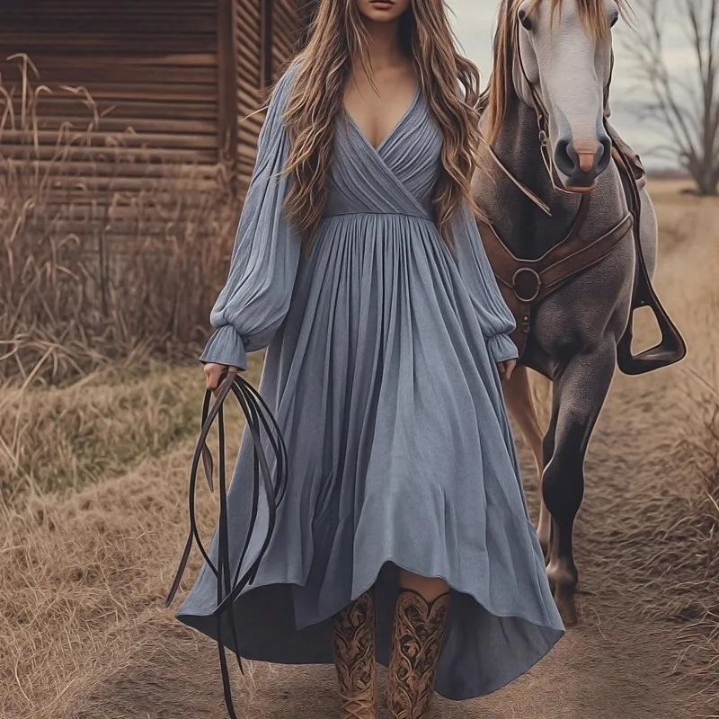 Retro Solid Color High Waist Long Sleeves Cotton And Linen Dress Gray - Shop at LoveMi