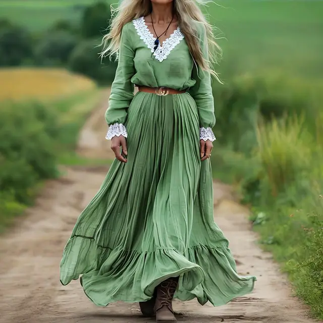 Women's Retro Bohemian Long Cotton And Linen Dress Green - Shop at LoveMi