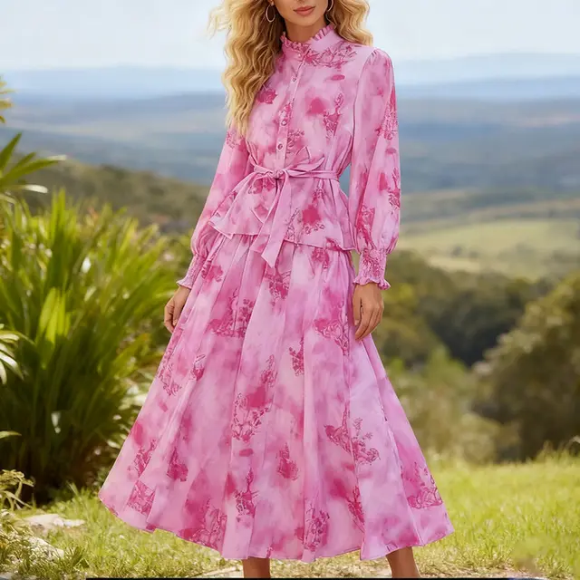 Printed Long sleeved Top Skirt Suit Vacation Style Pink - Shop at LoveMi