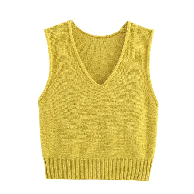 Women's French Style Loose V neck Solid Color Vest Yellow - Shop at LoveMi