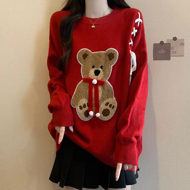 Red Fashionable Cartoon Bear Slim Fit Sweet Bow Sweater For Women Red - Shop at LoveMi