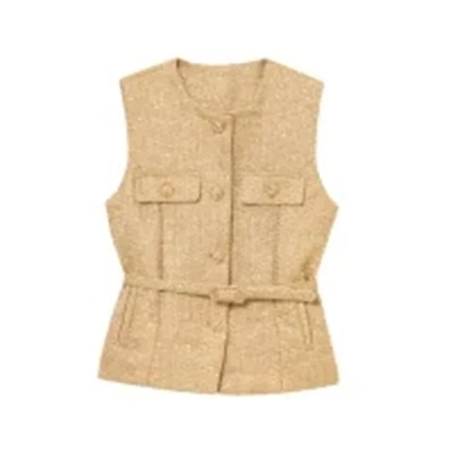 Women's Fashion Casual Sleeveless With Belt Texture Vest Khaki - Shop at LoveMi