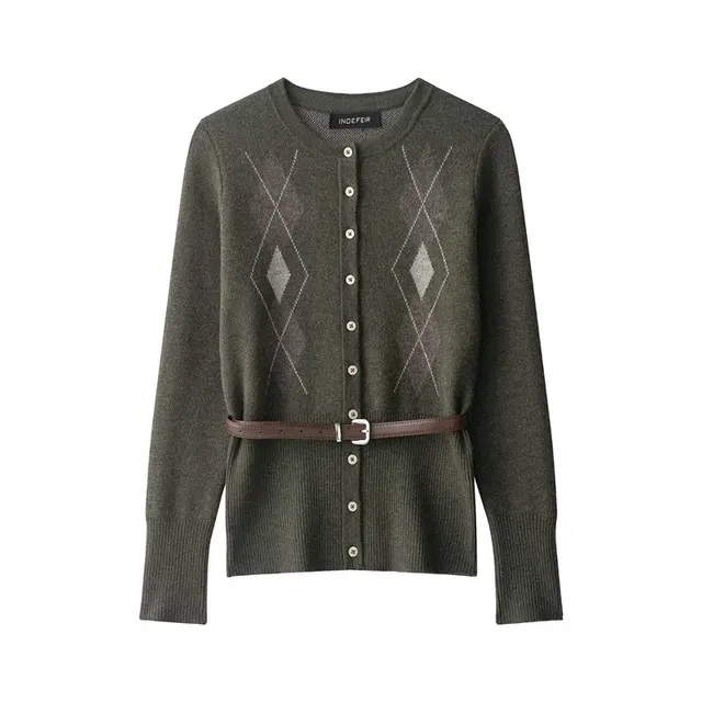 With Belt Diamond Pattern Knitted Coat Midi Skirt Suit Top - Shop at LoveMi