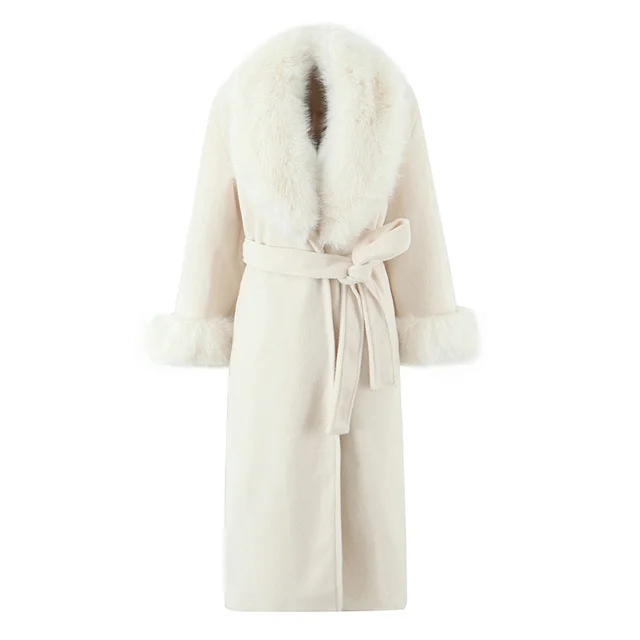 Women's Clothing Big Fur Collar Belt White Woolen Long cut Coat Picture Color - Shop at LoveMi