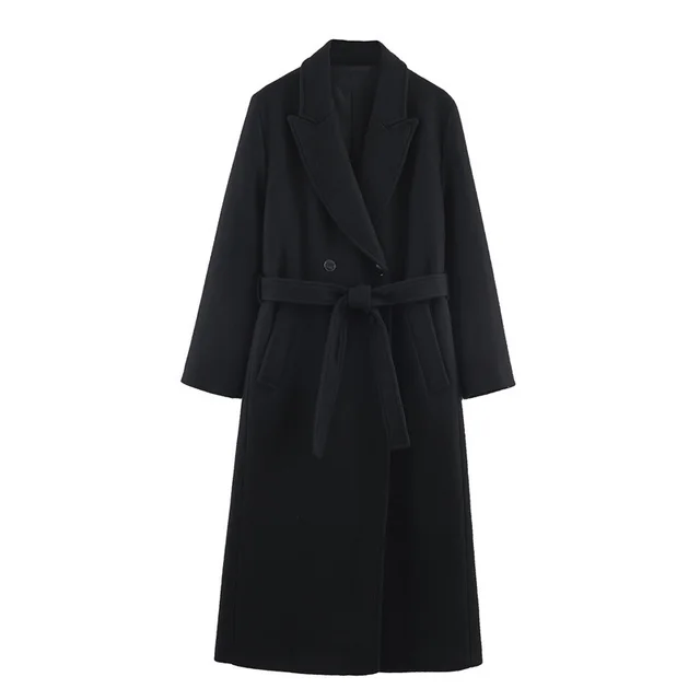 Women's Blend With Belt Long Overcoat Outerwear Black - Shop at LoveMi