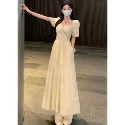 Lightly Mature Short sleeved Dress For Women Summer Slimming Pure Desire French Waist Apricot - Shop at LoveMi