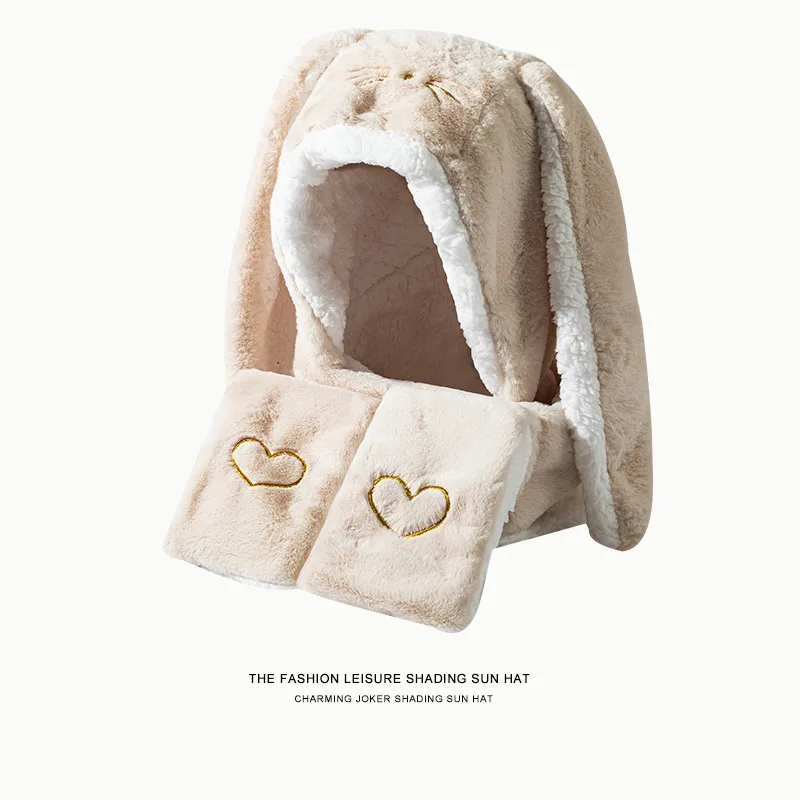 Big Rabbit Ears Plush Thickened Women's Cute Hat Scarf Gloves Beige - Shop at LoveMi