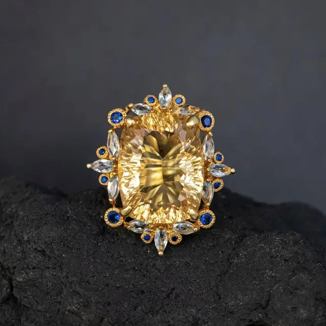 Yellow Gem Women's Ring Colored Gems Vintage Ice Flower Ornament Large Carat Yellow - Shop at LoveMi