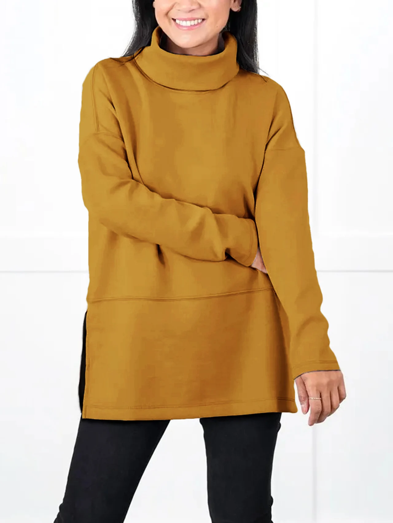 Large Size Multicolor Minimalism Turtleneck Top - Orange
