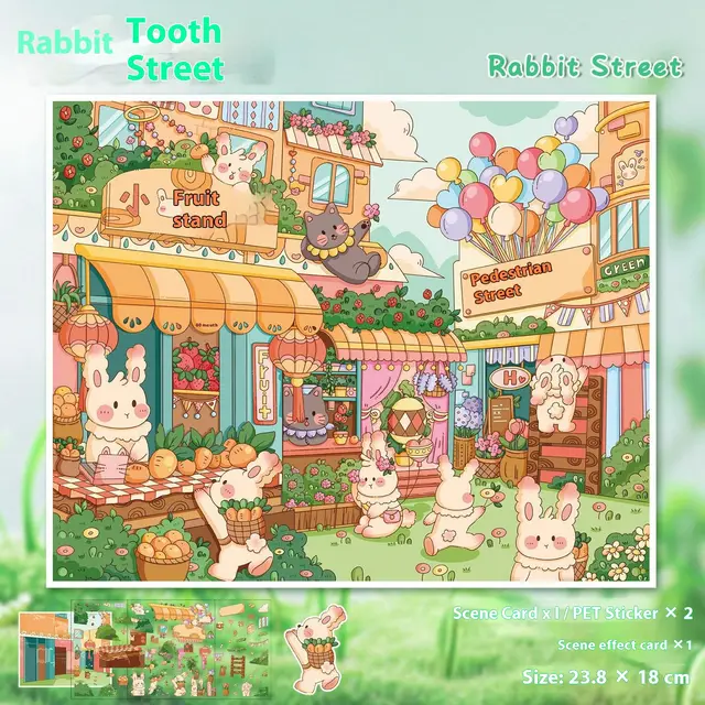 Landscape Cute Large 3D Stereo Cottage Scene Miniature Diy Hand Ledger Sticker Rabbit Pedestrian Street - Shop at LoveMi