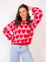Heart Jacquard Color Contrast Short Knitted Valentine's Day Sweater - Red