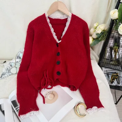 Stitching Lace Fashion Casual Knitted Cardigan V neck Women's Sweater Red - Shop at LoveMi