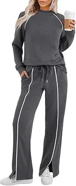 Round Neck Long Sleeve Stretch Leg Slit Casual Sweatshirt Outfit - Dark Gray