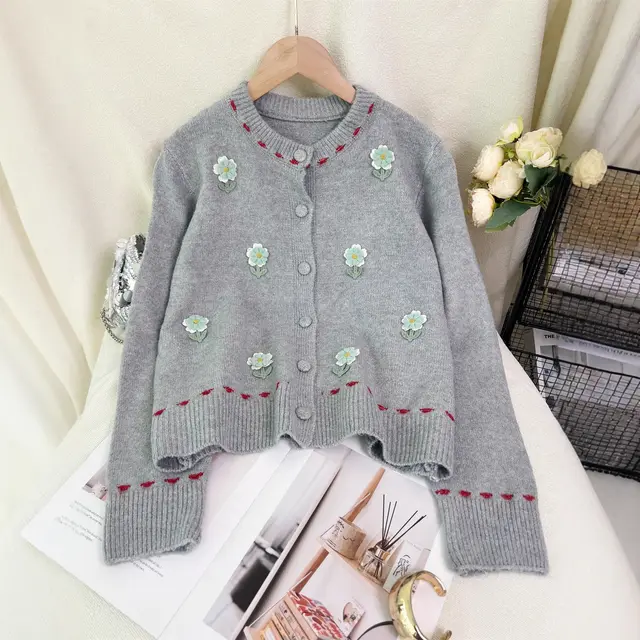 Women's Patchwork Flower Knitted Cardigan Round Neck Casual Sweater Gray - Shop at LoveMi