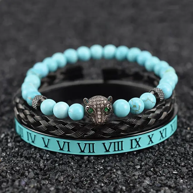 Natural Green Pine Leopard Head Roman Twist Weave Men's Bracelet - Shop at LoveMi