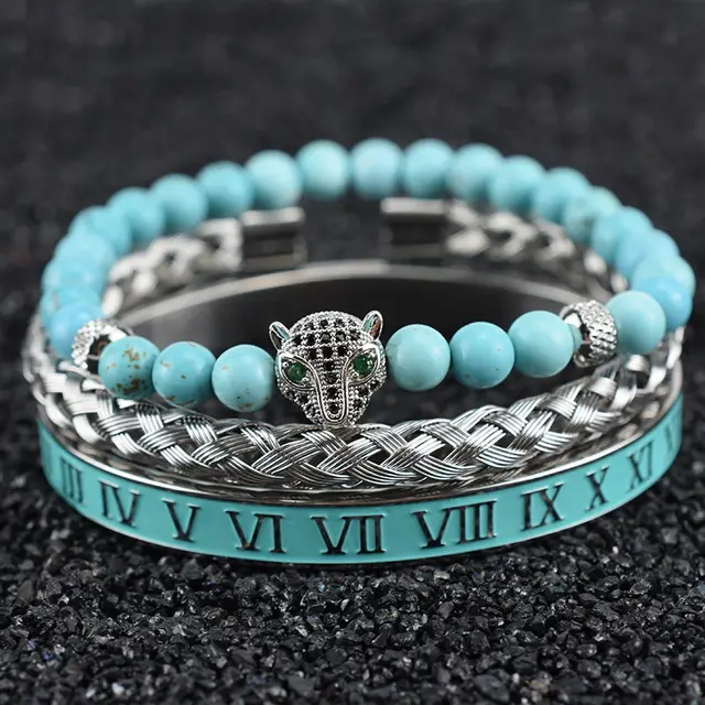 Natural Green Pine Leopard Head Roman Twist Weave Men's Bracelet - Shop at LoveMi