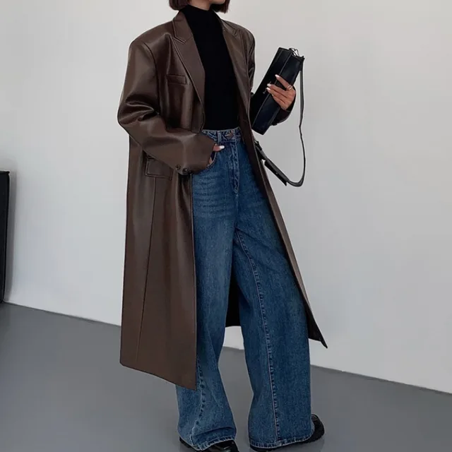 Fashion Loose Overknee Pu Women's Coat Coffee Color - Shop at LoveMi