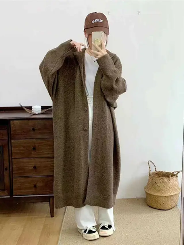 Over the knee Knitted Cardigan Women's Coat Coffee - Shop at LoveMi