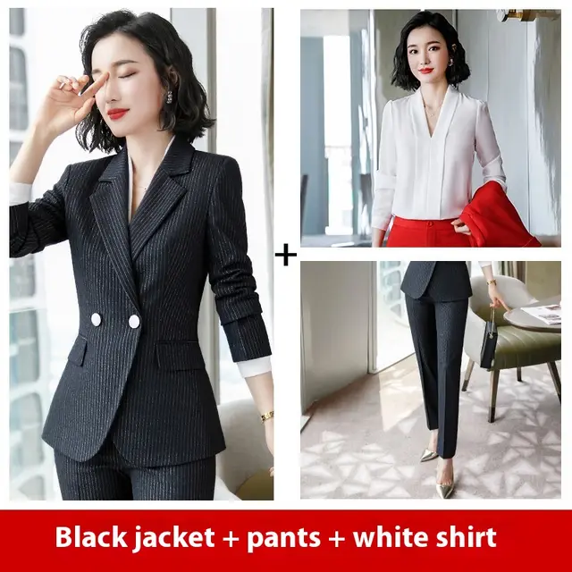 Temperament Korean Style Fashion Striped Red Business Suit Women Black - Shop at LoveMi