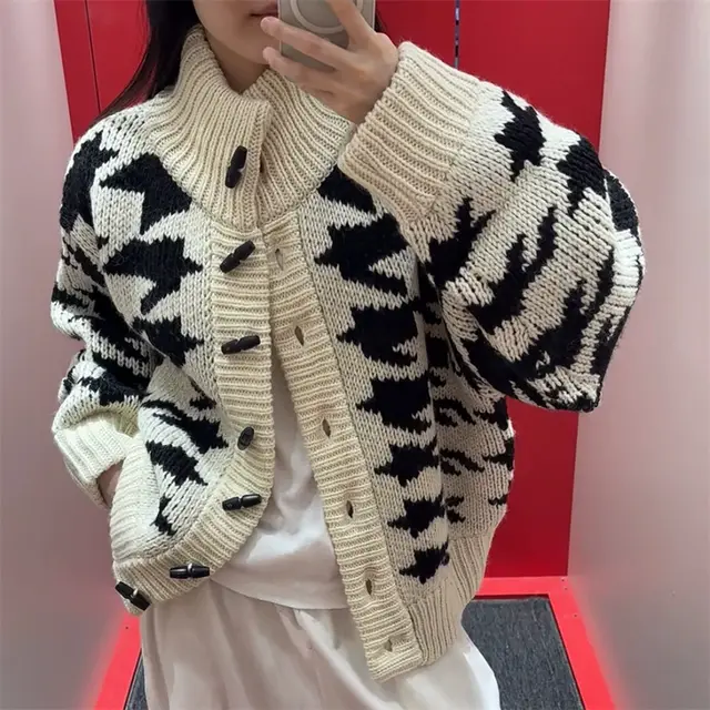 Stand up Collar Jacquard Horn Button Sweater Coat Beige - Shop at LoveMi
