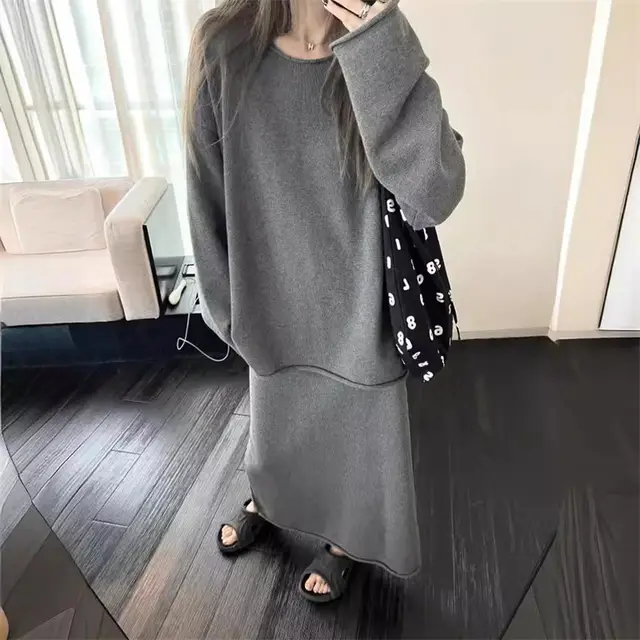 Simple All match Sweater Skirt Two piece Set Gray - Shop at LoveMi