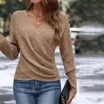 V-neck Long Sleeve Cross Solid Color Knitted Sweater - Caramel Color-M