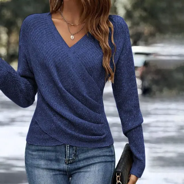 V-neck Long Sleeve Cross Solid Color Knitted Sweater - Dark Blue