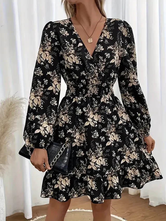 V neck Floral Print Long Sleeve Dress Black - Shop at LoveMi