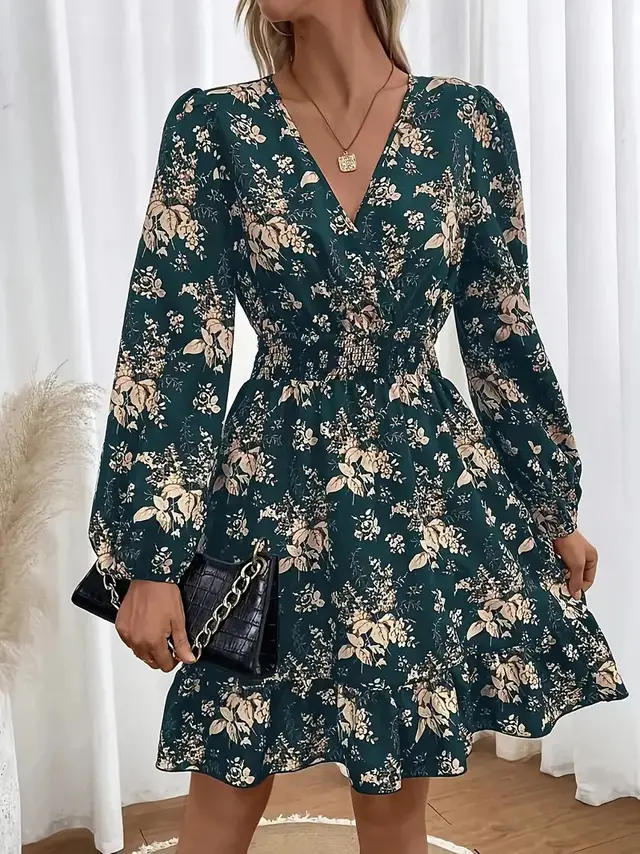 V neck Floral Print Long Sleeve Dress Green - Shop at LoveMi