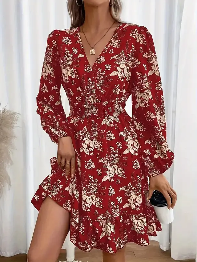 V neck Floral Print Long Sleeve Dress Red - Shop at LoveMi
