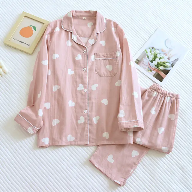 Cotton Gauze Pajamas Ladies' Homewear Long Sleeve Trousers Suit Pink - Shop at LoveMi