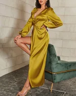 Loose Solid Colour And V-neck Dress For Women - Gold