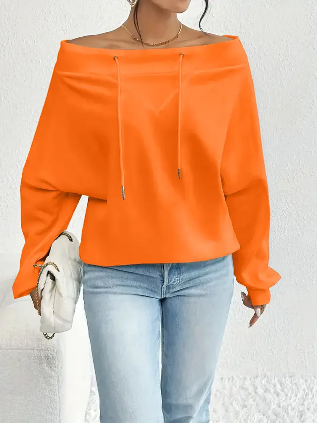Women's Loose Casual Drawstring Off the shoulder Off shoulder Top Orange Red - Shop at LoveMi