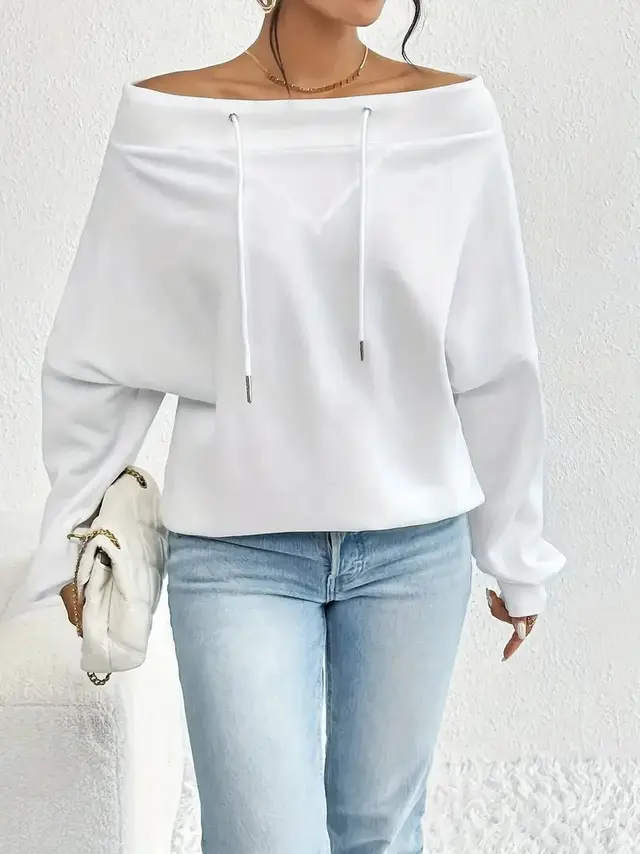 Women's Loose Casual Drawstring Off the shoulder Off shoulder Top White - Shop at LoveMi