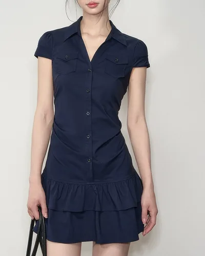 Stretch Short Sleeve Easy Matching Waisted Shirt Dress Navy Blue - Shop at LoveMi