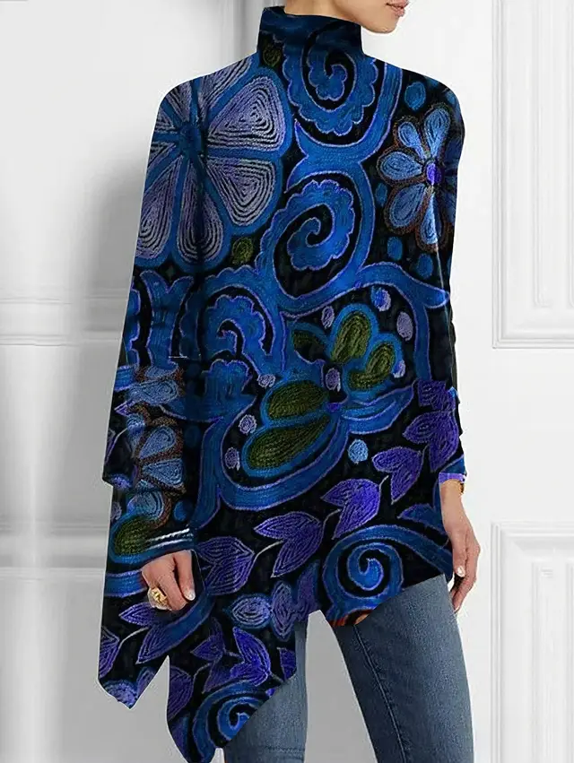Turtleneck Allover Floral Print Asymmetrical Hem Top Blue - Shop at LoveMi