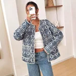 Simple Zip Long Sleeve Coat Women's Printed Wear - Blue