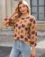 Jacquard Round Neck Pullover Sweater - Khaki