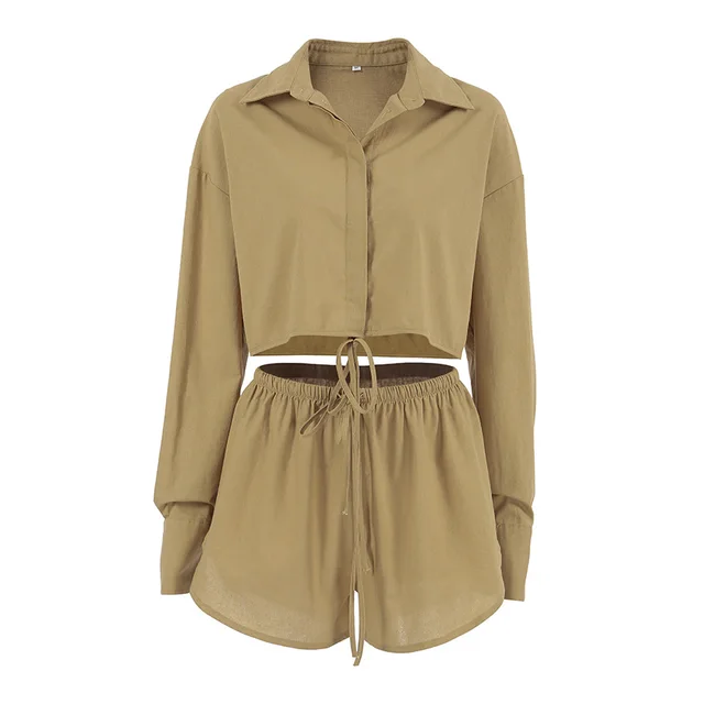 Autumn Fashion Casual Cotton Linen Split Long Sleeve Hot Pants Suit Khaki - Shop at LoveMi