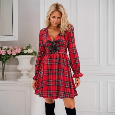 Christmas Bow Deep V neck Lantern Sleeve A Line Dress Nipped waist Plaid Dress Red - Shop at LoveMi