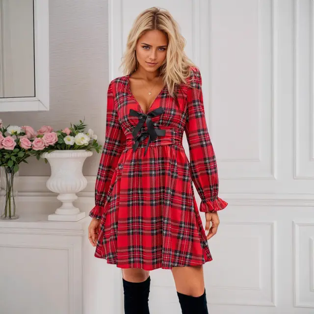 Christmas Bow Deep V neck Lantern Sleeve A Line Dress Nipped waist Plaid Dress Red - Shop at LoveMi