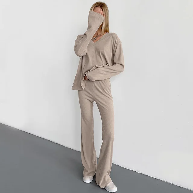 European And American Autumn And Winter New Sunken Stripe V neck Slim fit Long Sleeve Trousers Suit Khaki - Shop at LoveMi