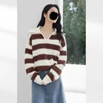 New Contrast Color Women's Loose Casual College Style Outerwear Sweater - Coffee Color