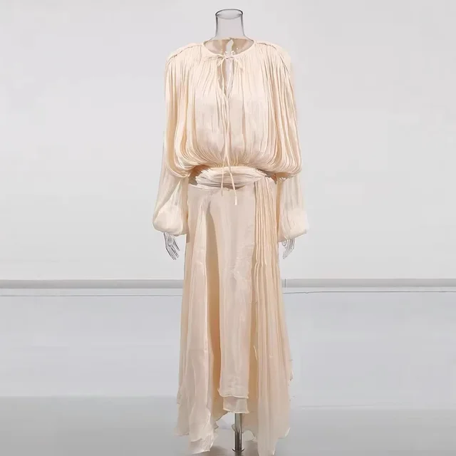 Pleating Design Glossy Elegant A Line Big Hem Dress Temperament Dress Apricot Beige - Shop at LoveMi