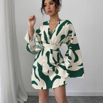 New V neck Abstract Printing Bell Sleeve Waist Dress Green - Shop at LoveMi